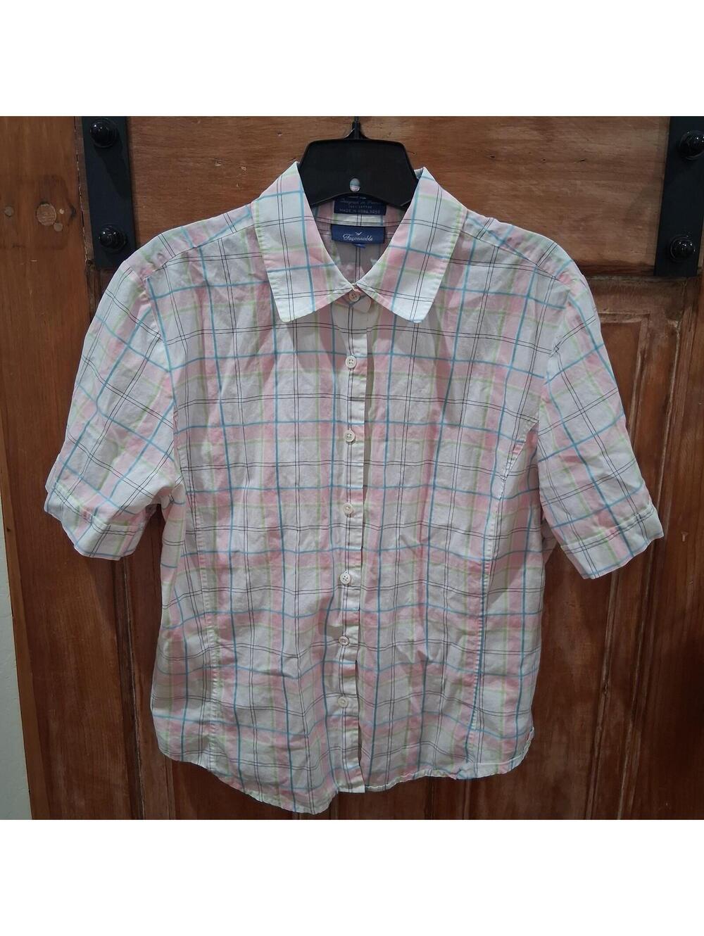 Faconnable Button Down Shirt Womens Sz XL Pink Gingham Cotton Career France
